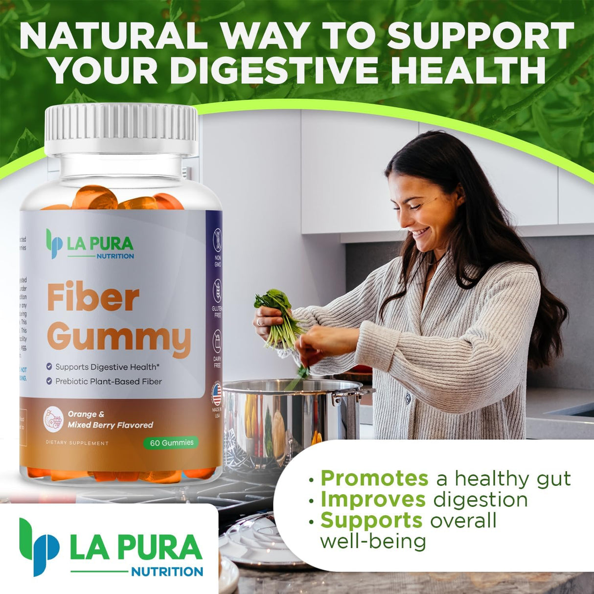 Suplementos de fibra de raíz de achicoria prebiótica de 0.18 onzas, 60 gomitas – Apoya la salud digestiva, mezcla de fibra prebiótica a base de plantas – Sabor naranja y bayas mixtas – Sin OMG, sin