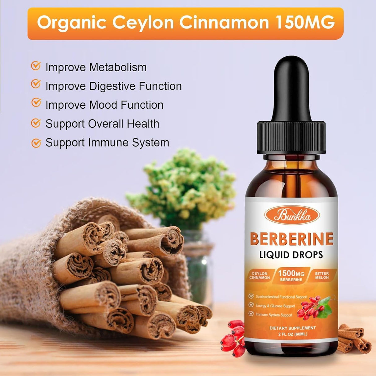 Suplemento de Berberina Líquido 1500mg con Canela y Melón Amargo
