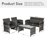 Goplus Juego de muebles de ratán de 4 piezas, sofá de conversación de mimbre para exteriores con cojines resistentes a la intemperie y mesa de vidrio templado para césped, patio, piscina, jardín (negro)