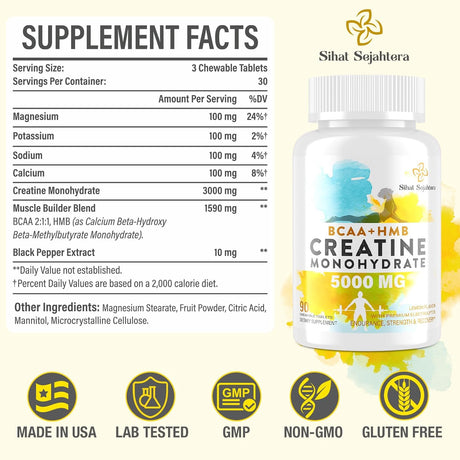 Creatina Monohidratada 8 en 1, Sin Azúcar, 90 Tabletas