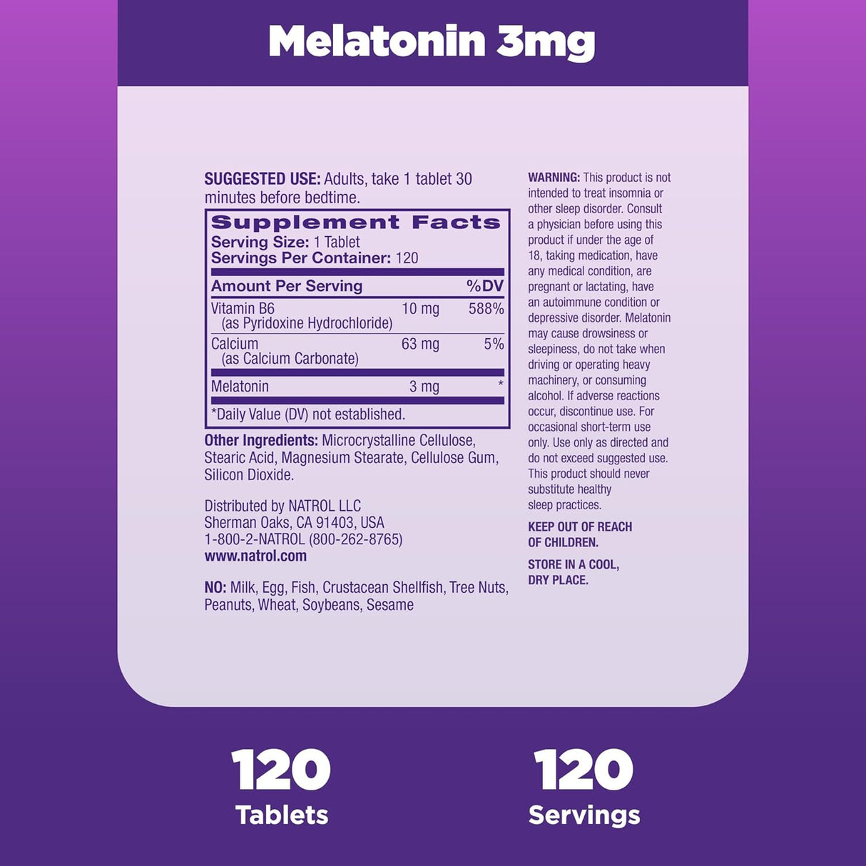 Suplemento de Melatonina 3 mg Natrol, 120 tabletas, 120 días