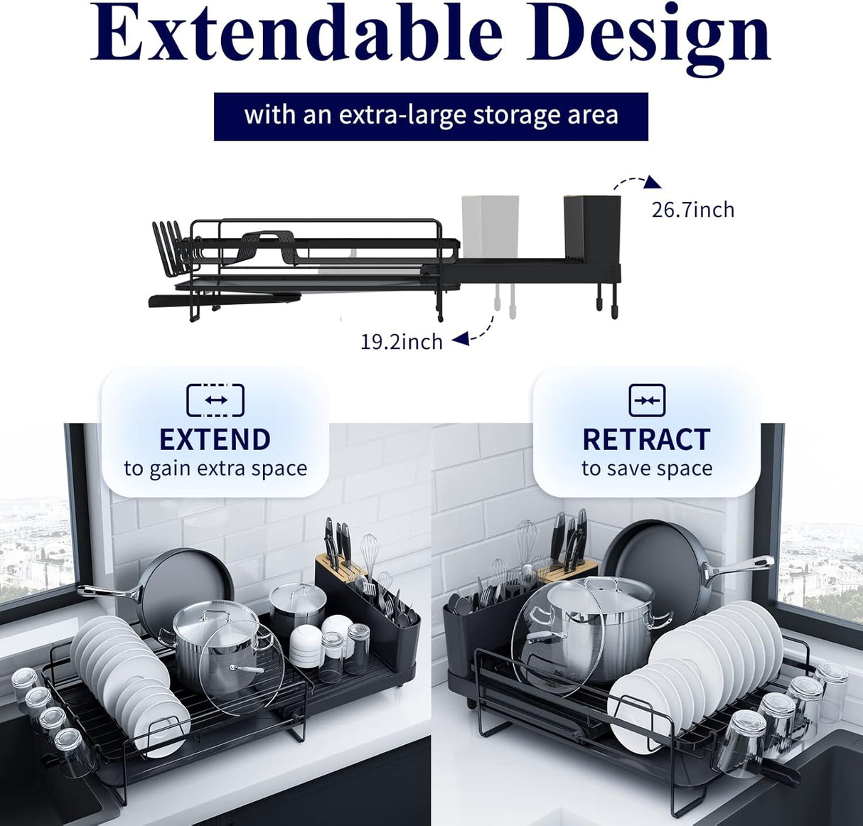 Escurridor grande para platos multifuncional, extensible, antioxidante
