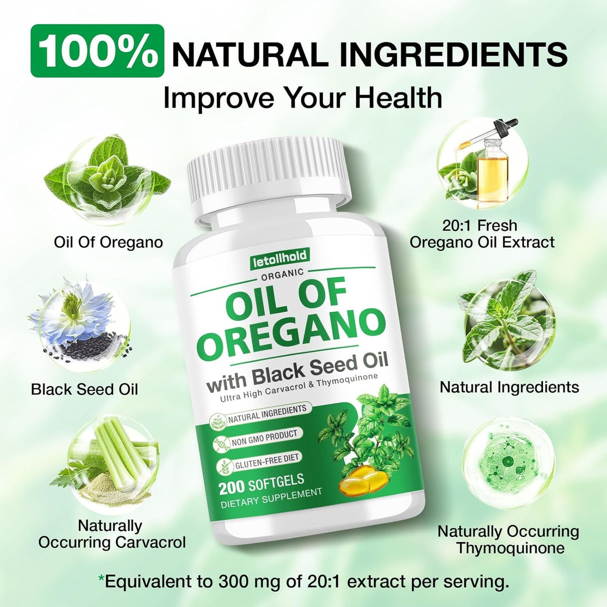 Aceite de Orégano con Semilla Negra, 400 cápsulas, Orgánico, Alto en Carvacrol