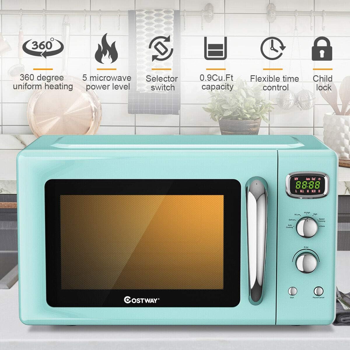 Microondas Retro COSTWAY 0.9Cu.ft, 900W, 5 Potencias, Auto.