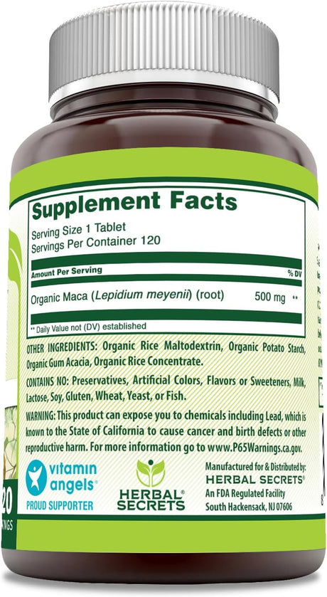 Suplemento de Maca Herbal Secrets 500 mg, 120 tabletas, sin gluten