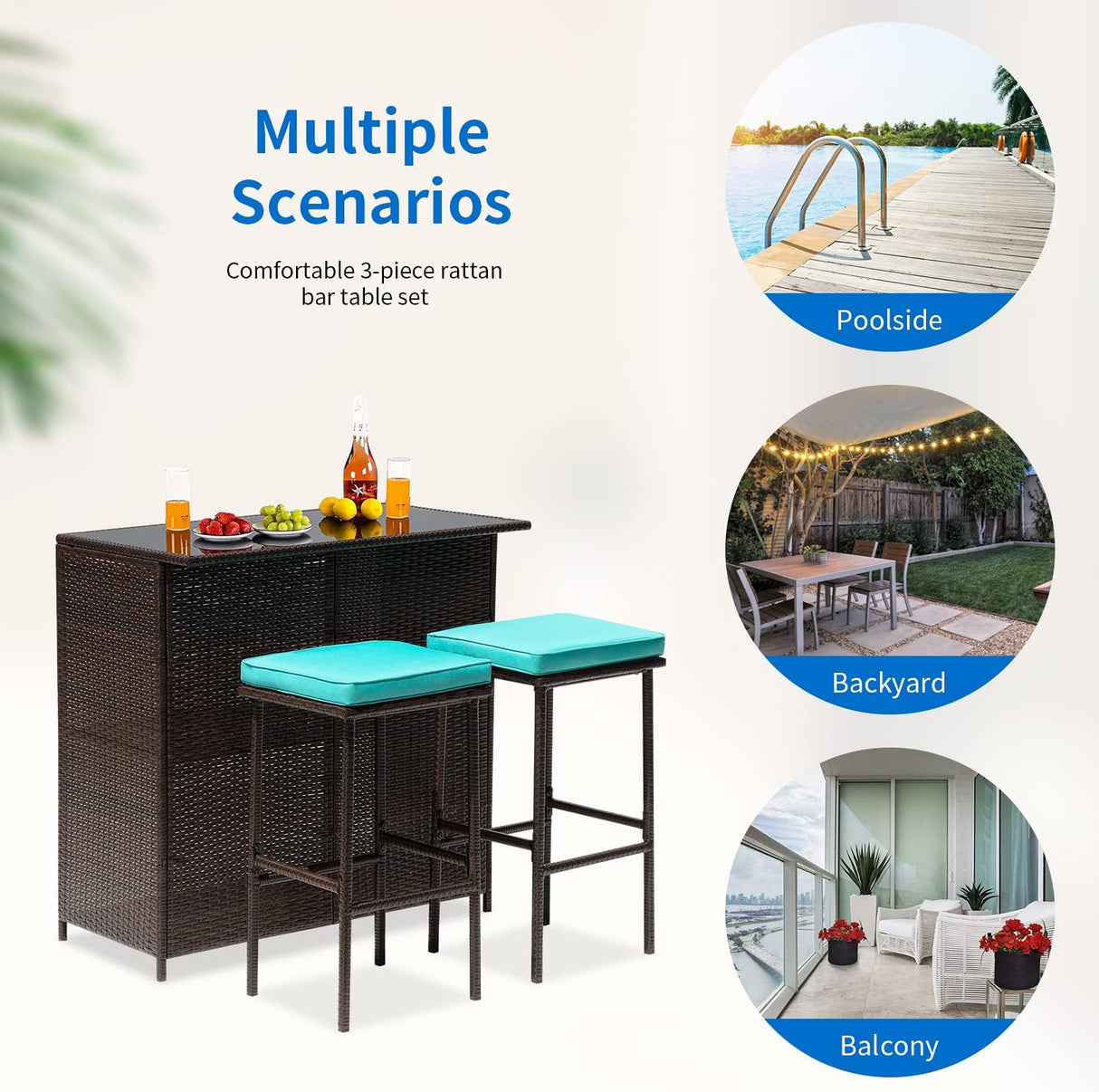 FDW Juego de 3 piezas de muebles de patio y bar, juego de muebles de mimbre con dos taburetes para patio, balcón, cojín azul