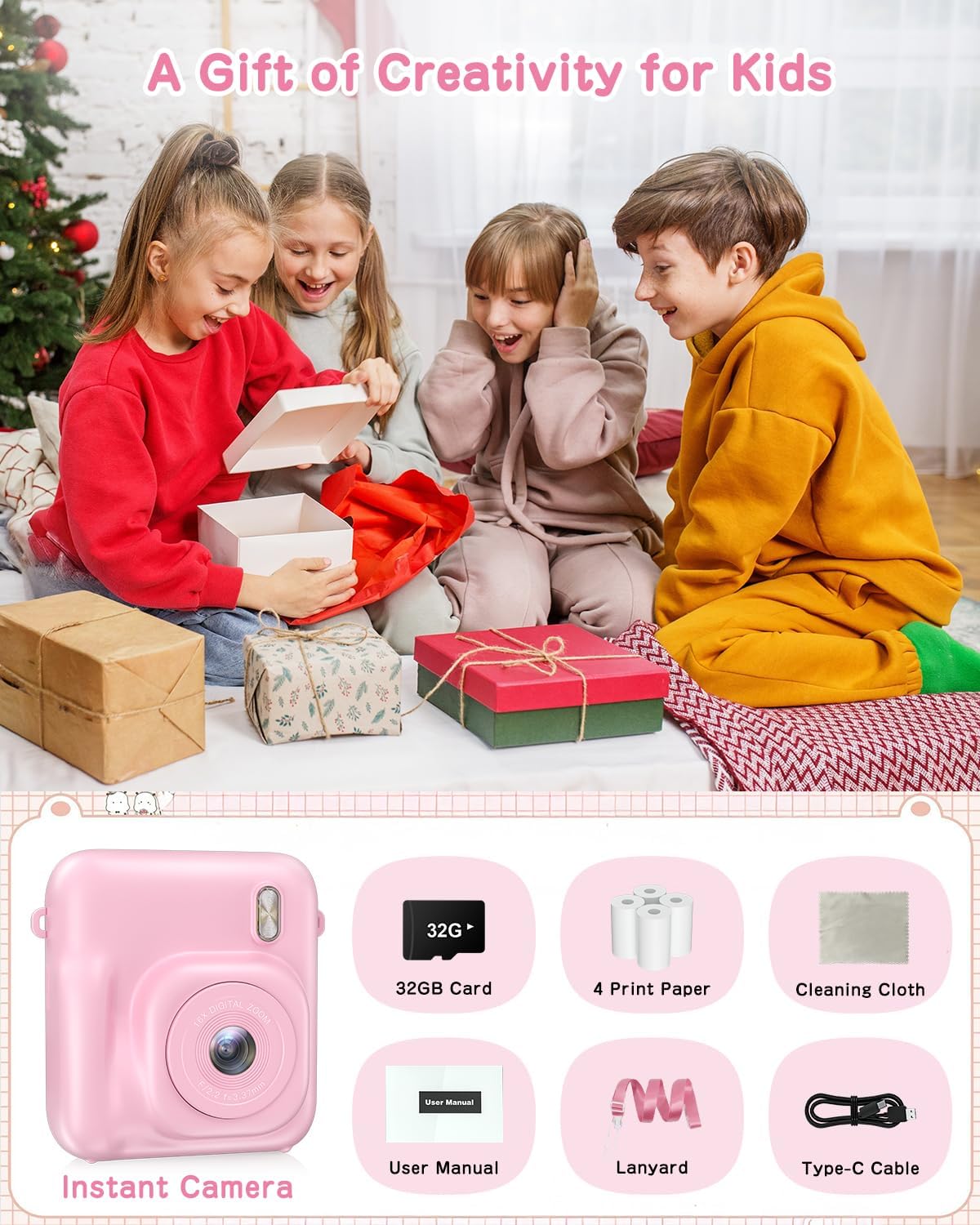 Cámara instantánea para niños 48MP, 1080P, con papel y tarjeta