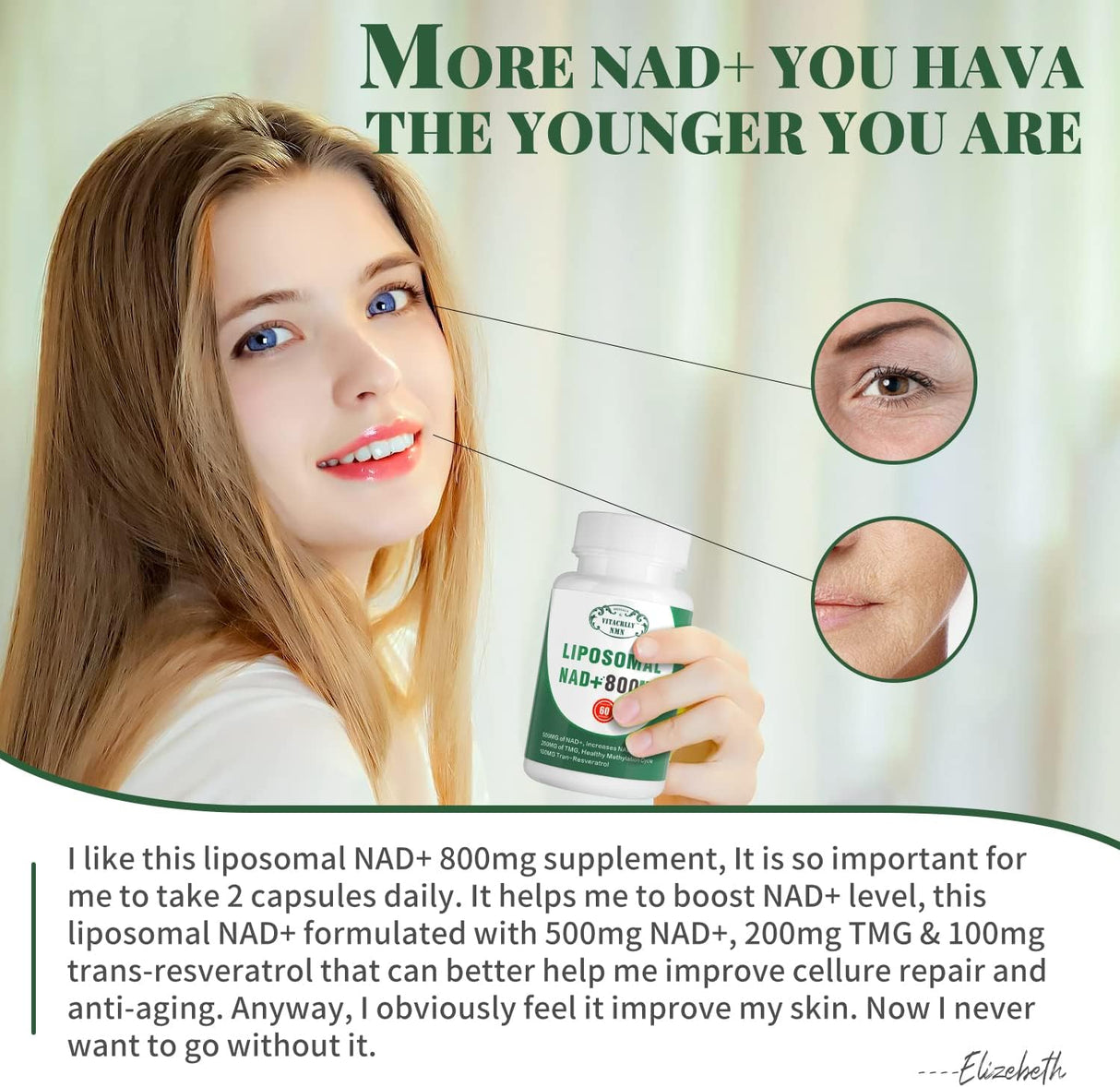 Suplemento Liposomal NAD+ Plus 800MG, Energía Celular y Antienvejecimiento