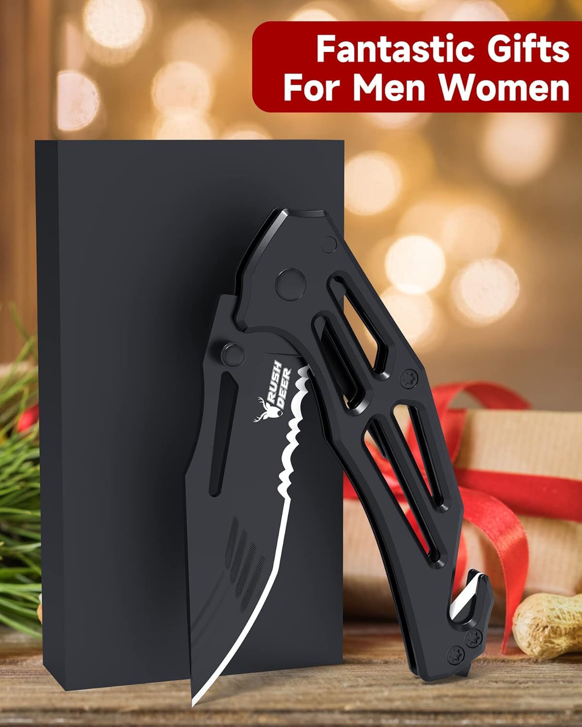 Cuchillo plegable con clip, EDC para senderismo, color negro