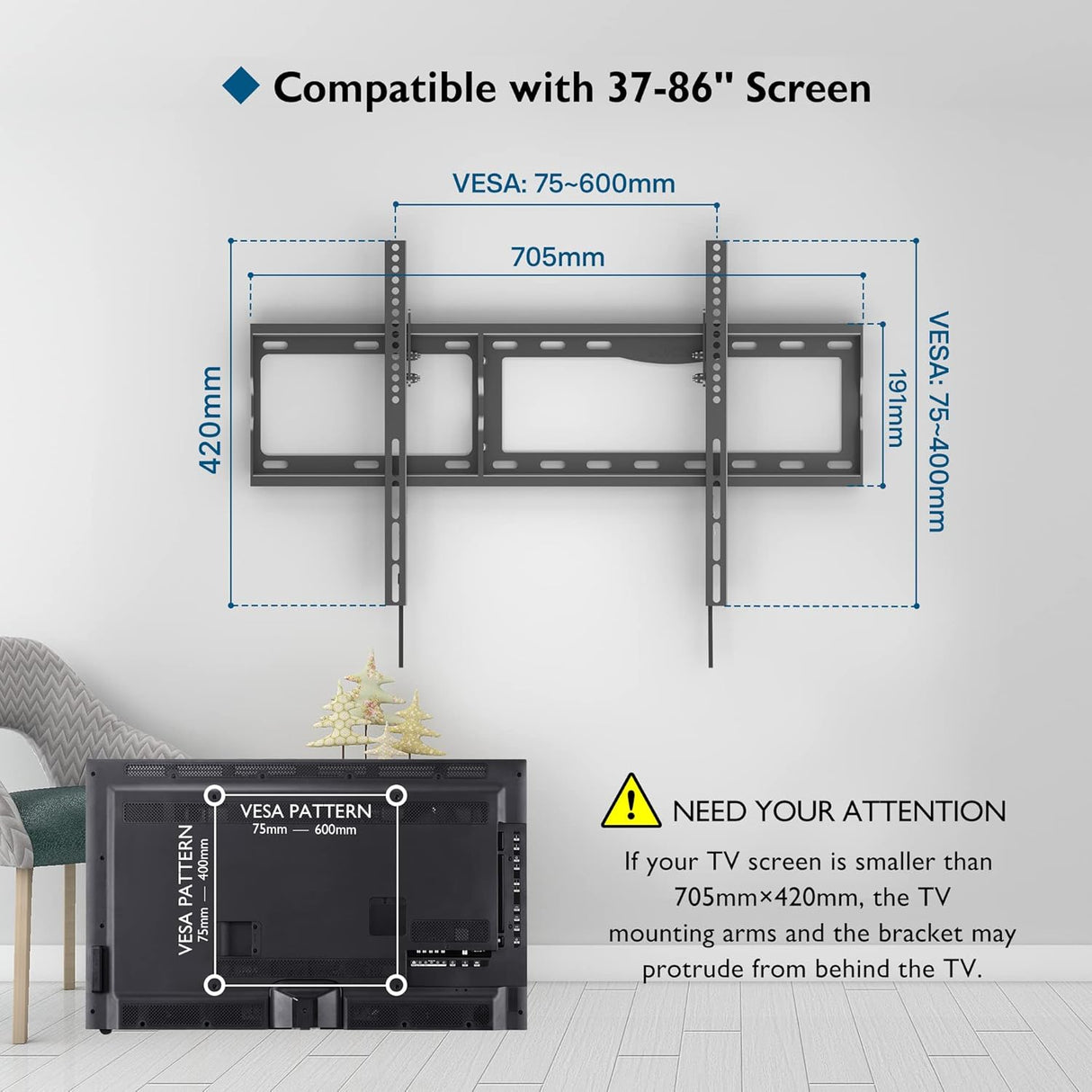 Soporte de pared para TV BONTEC, 17-86, hasta 165LBS, VESA 600x400