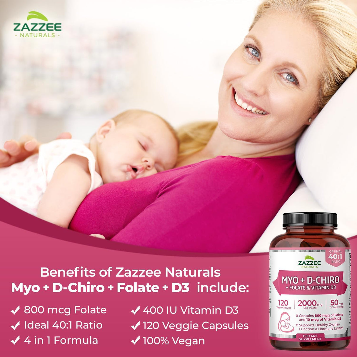 Zazzee Inositol + D-Chiro + Folate + D3 Vegan 30 días