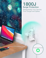 Protector de sobretensiones – Extensor de salida con enchufe giratorio y múltiple con 6 puertos USB de CA, 3 puertos USB (1 USB C), regleta de alimentación de 3 lados con cargador adaptador de pared