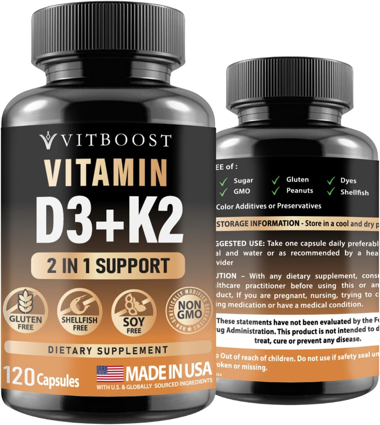 Complejo de Vitamina D3 K2 - Cápsulas 120, Sin Gluten, USA