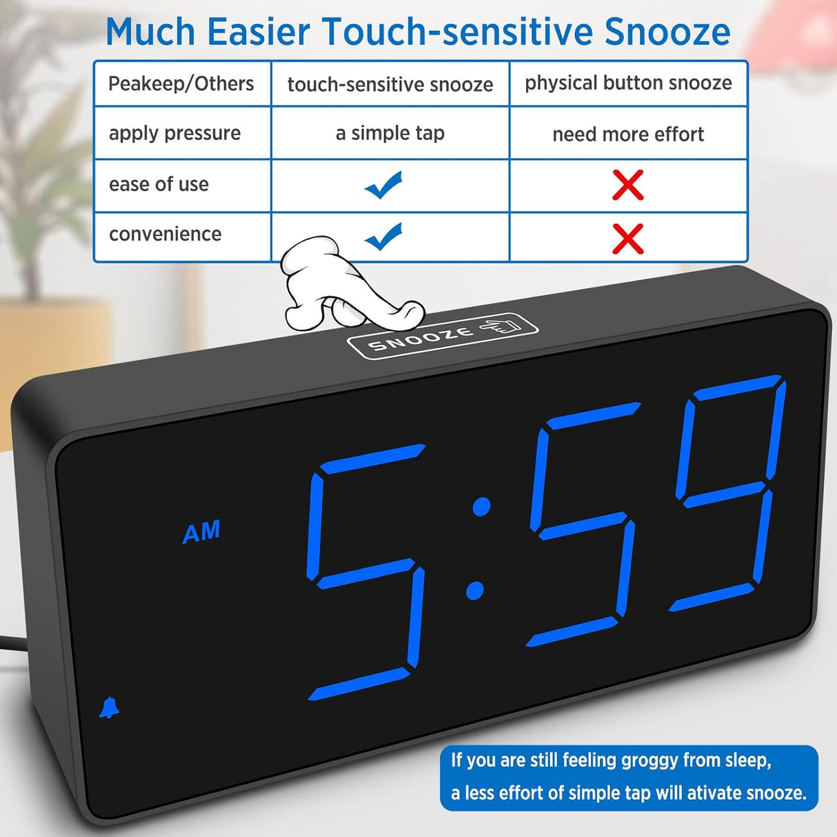 Reloj Despertador Digital con Números Grandes y Cargador USB