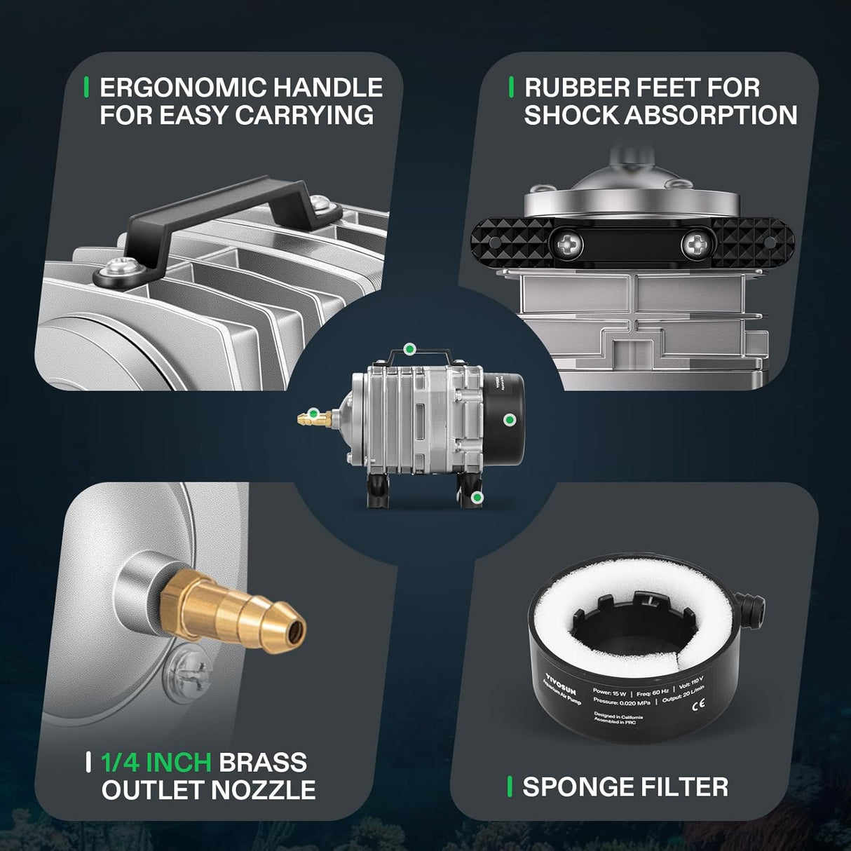Bomba de aire VIVOSUN 634GPH, 6 salidas, 25W, 40L/min