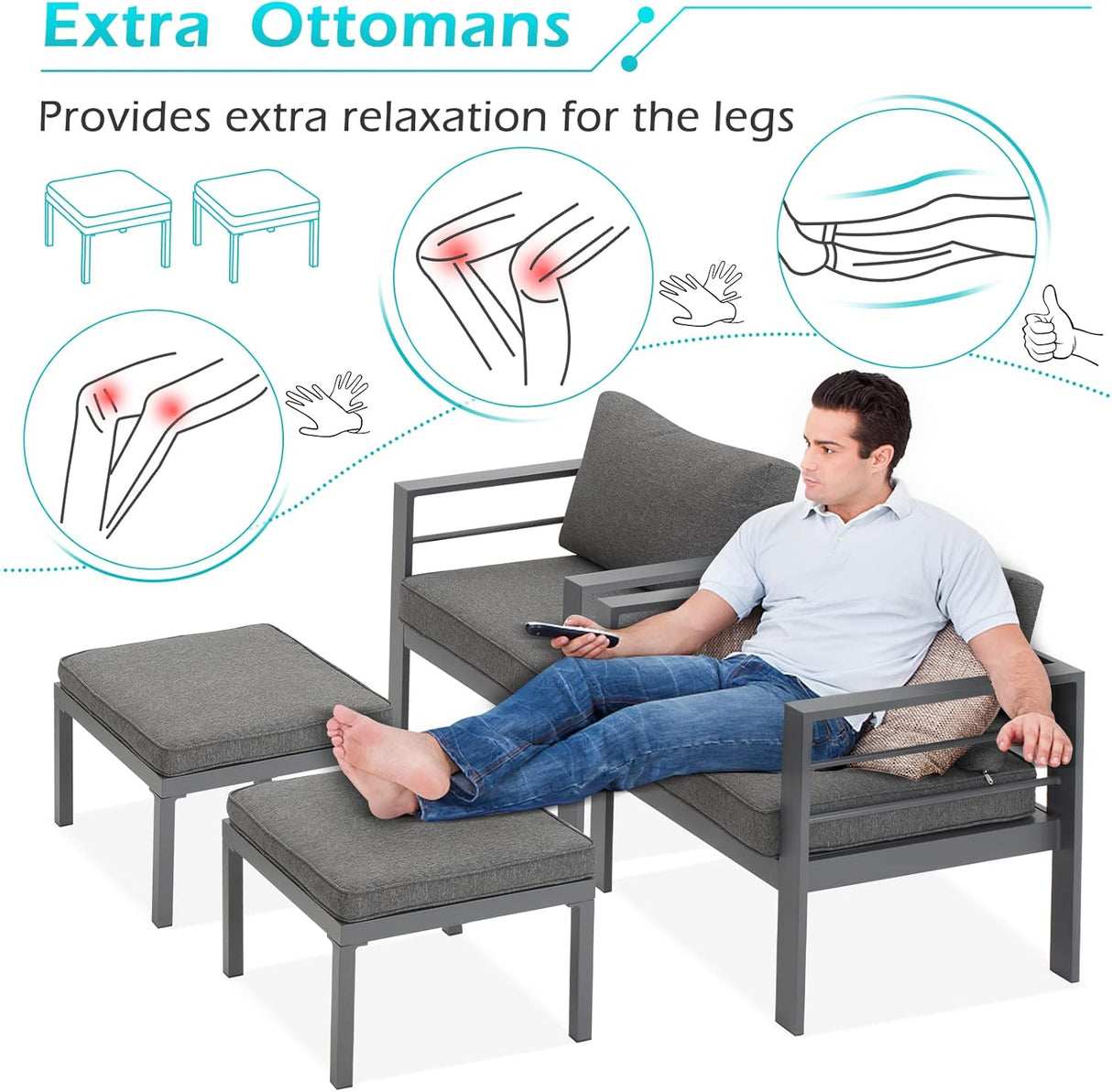 AECOJOY Muebles de patio modernos de aluminio con mesa auxiliar, juego de 7 piezas para conversación al aire libre con cojines gris oscuro para balcón, porche, césped y más