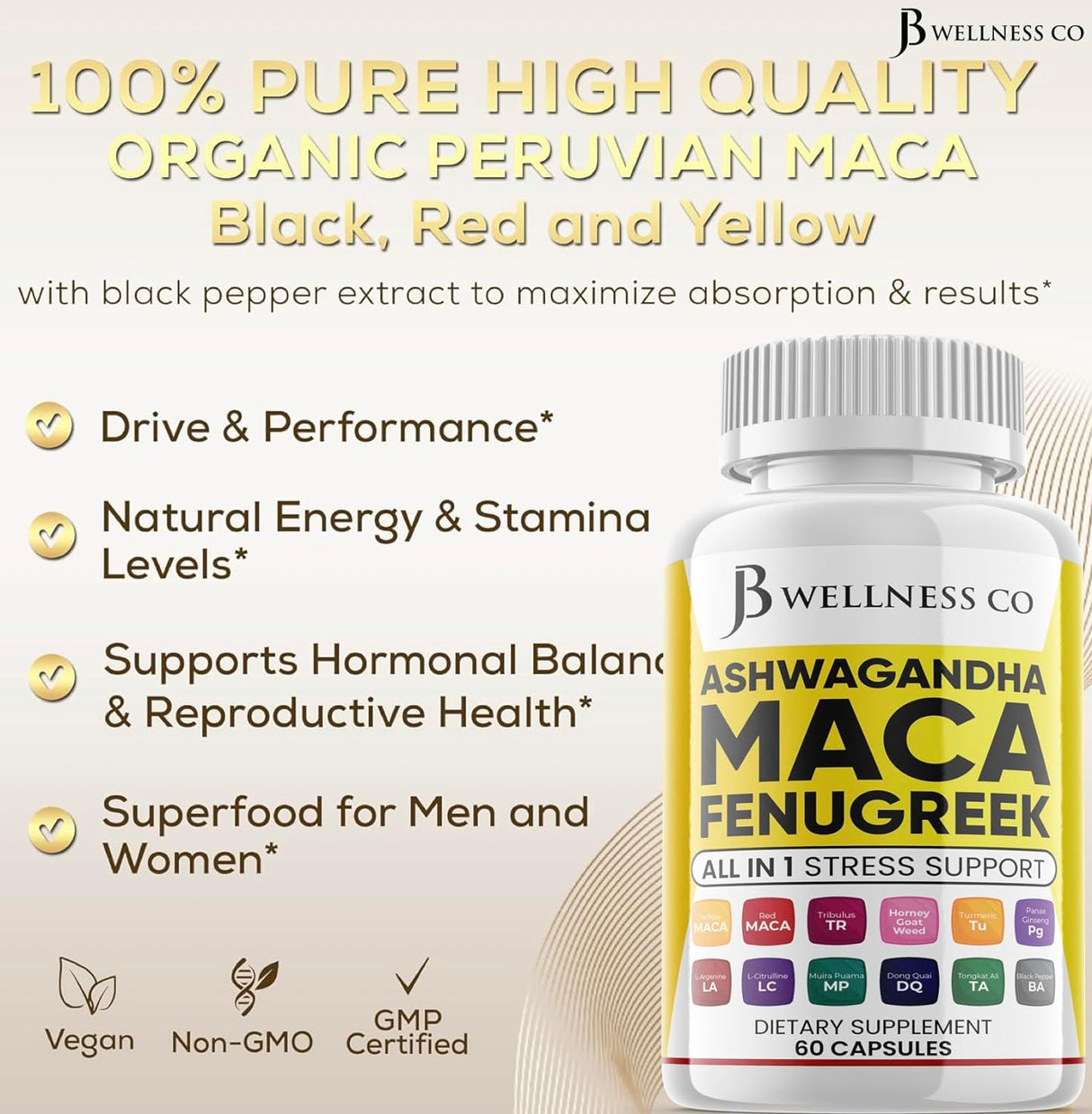 Suplemento de Ashwagandha Maca Fenogreco y Ginseng 60 Cápsulas