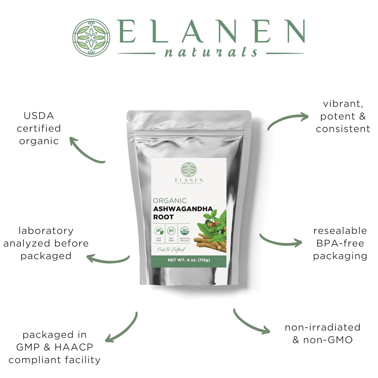 Elanen Naturals Té de raíz de Ashwagandha orgánico 4 oz