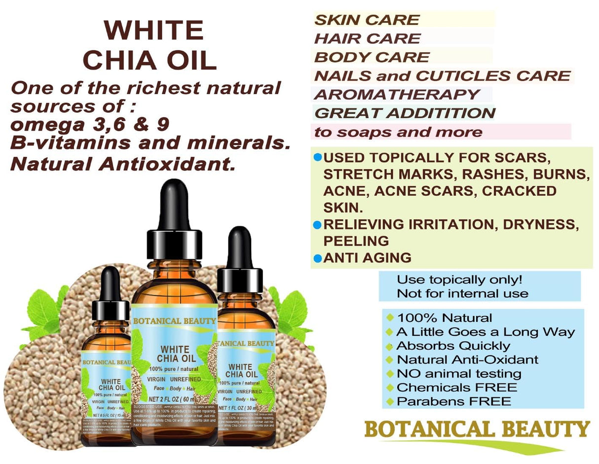 Aceite de Chía Blanca Virgen Puro Natural para Cara, Piel, Cabello