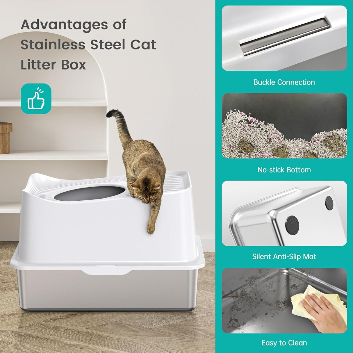Caja de arena para gatos de acero inoxidable WoofiGo