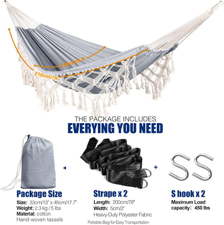 Hamaca Anyoo de Algodón con Borlas, Soporta 450lbs, Deluxe