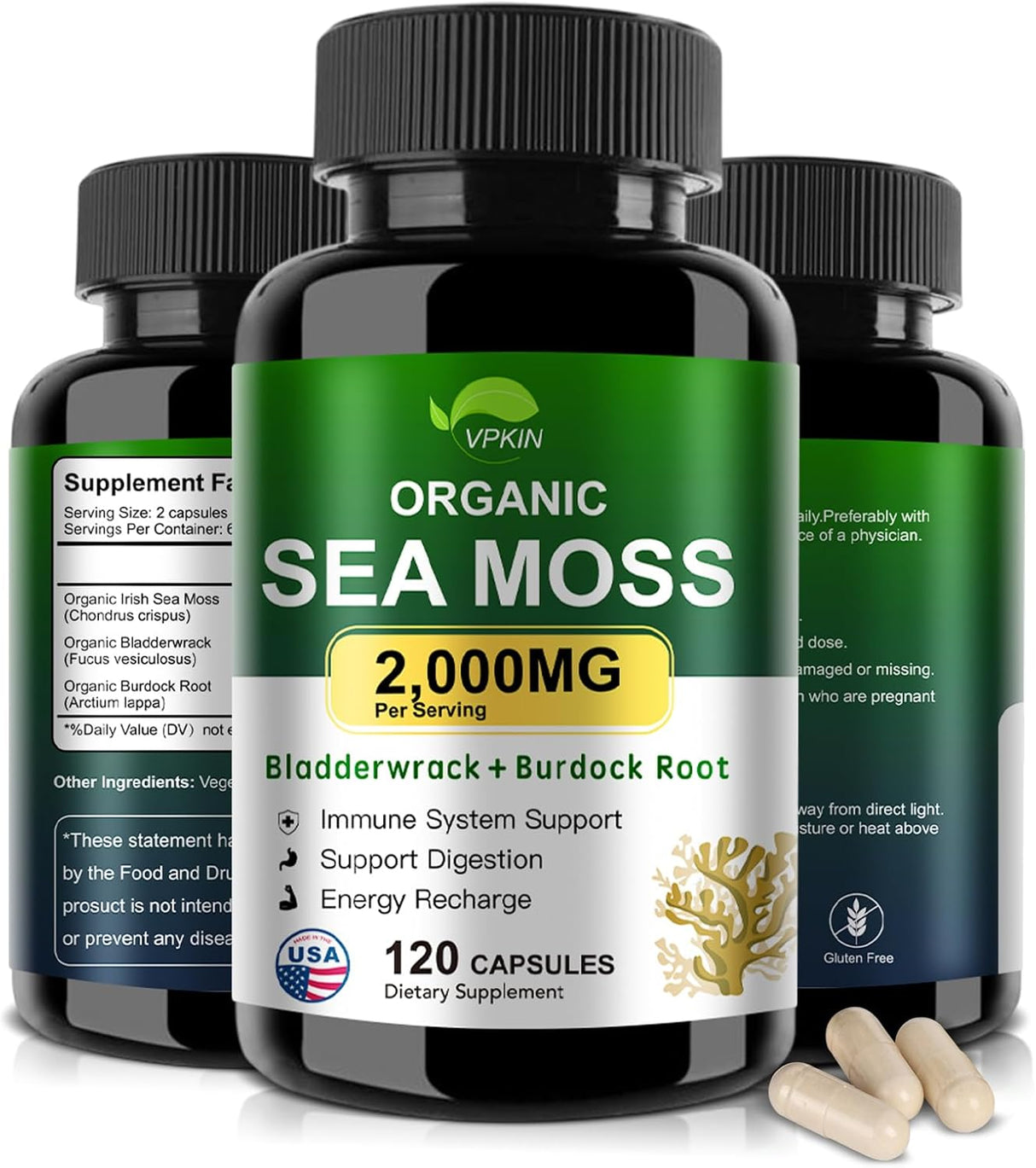 Cap. de Moringa Orgánica con Bladderwrack, B. Raíz y P. Negra, 2000mg