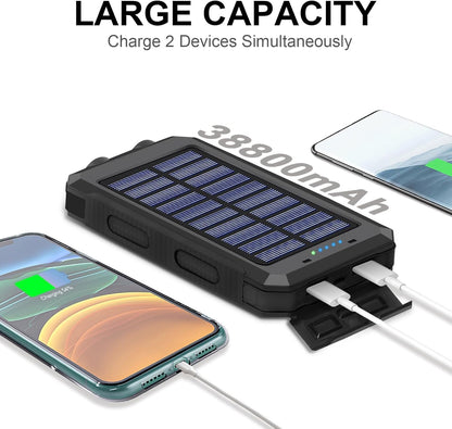 Cargador Solar Portátil 38800mAh, Impermeable, Dual USB, LED