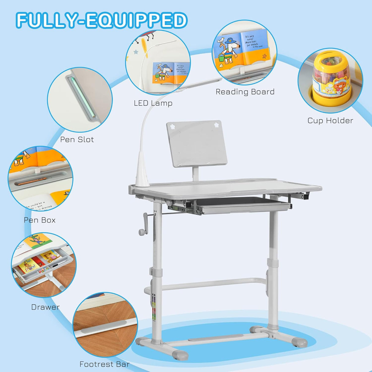 Escritorio y silla ajustables para niños con accesorios