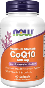 Suplemento CoQ10 600 mg NOW, Vitamina E, Lecitina, 60 Cápsulas