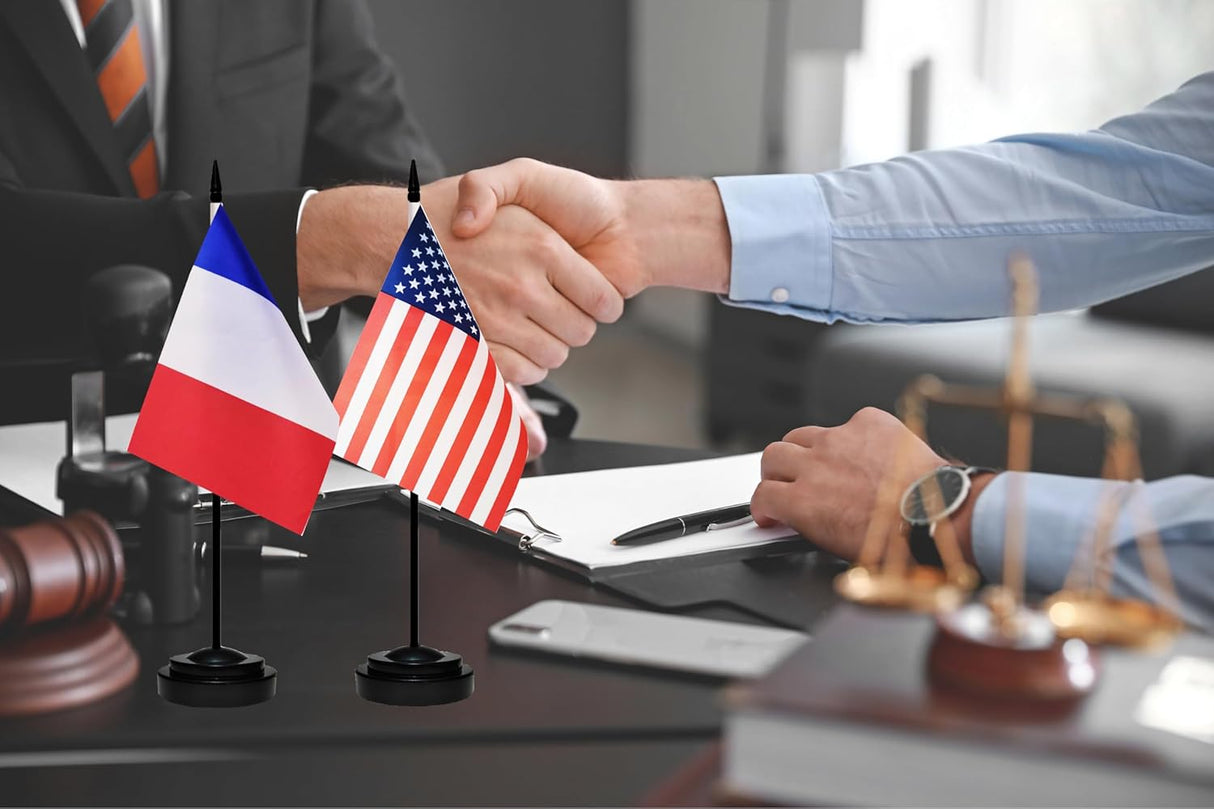 Banderas de escritorio USA y Francia, miniatura con base y soporte