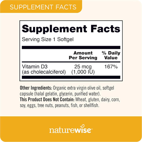 Vitamin D3 1000iu NatureWise, 30 cápsulas, Salud Ósea e Inmunidad