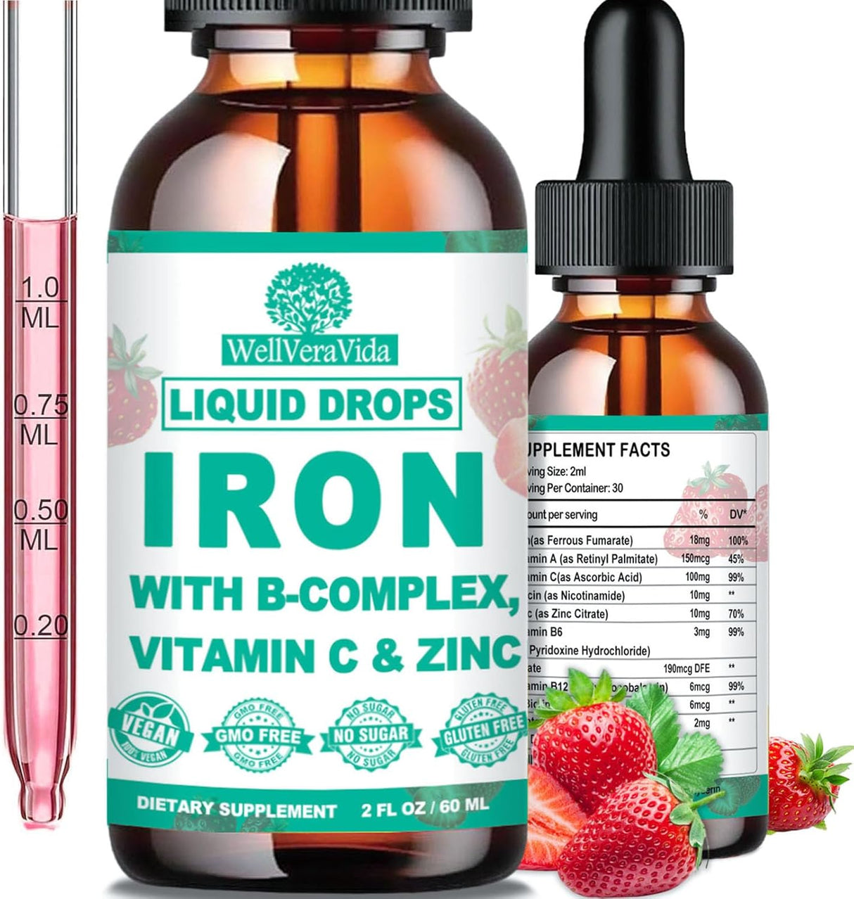 Suplemento de Hierro Líquido con Vitamina C, B-Complejo, Vegano