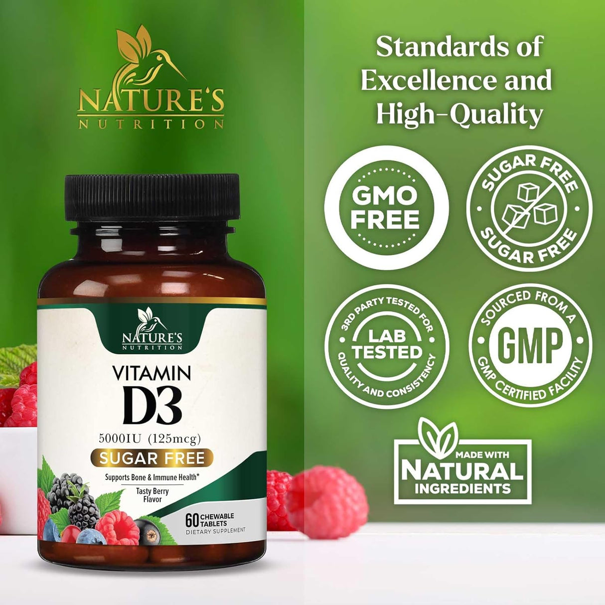 Suplemento de Vitamina D3 5000 IU, Nature's, 60 Tabletas Chewable