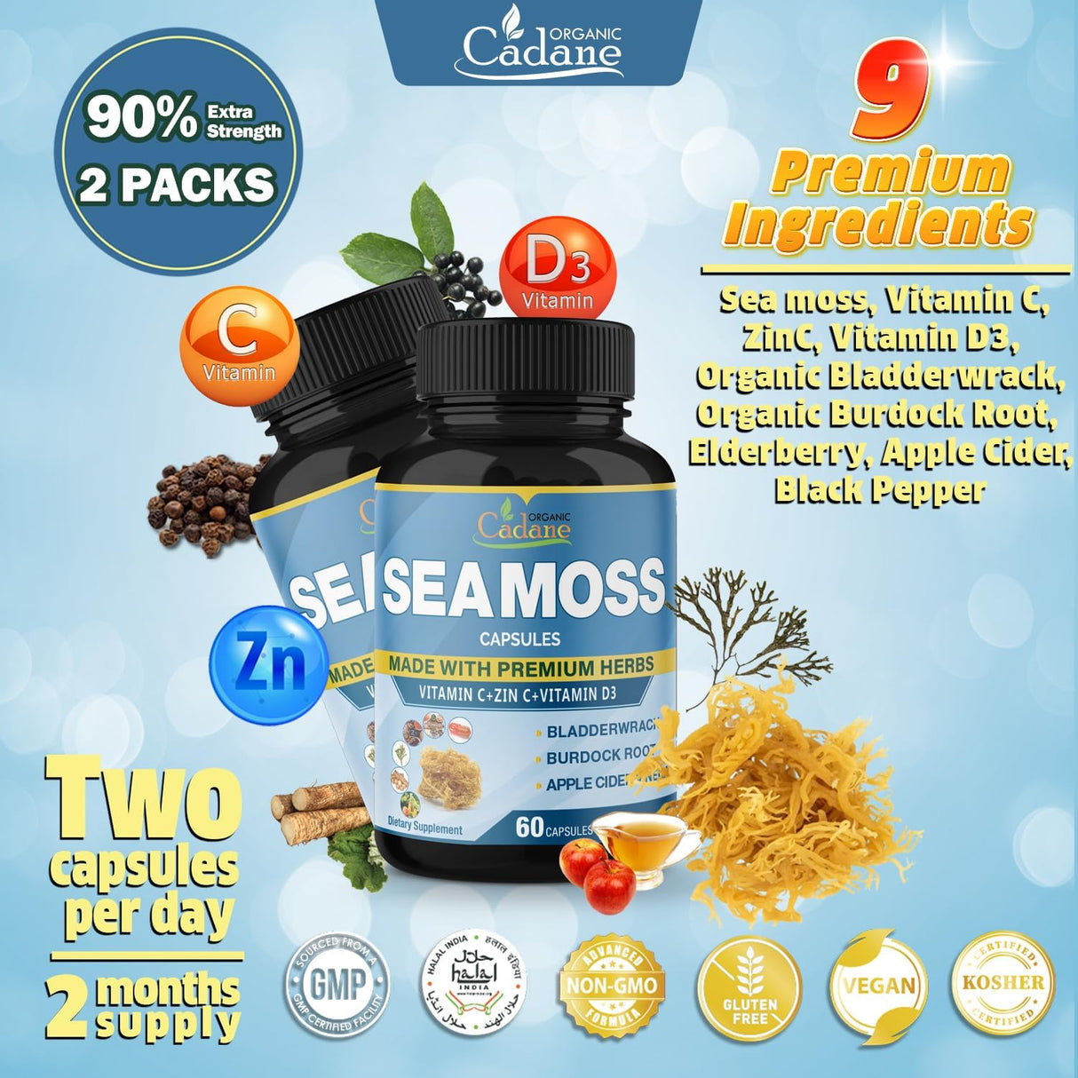 Cadane Cápsulas de Musgo de Irlanda con Vitaminas y Hierbas, 2Pack