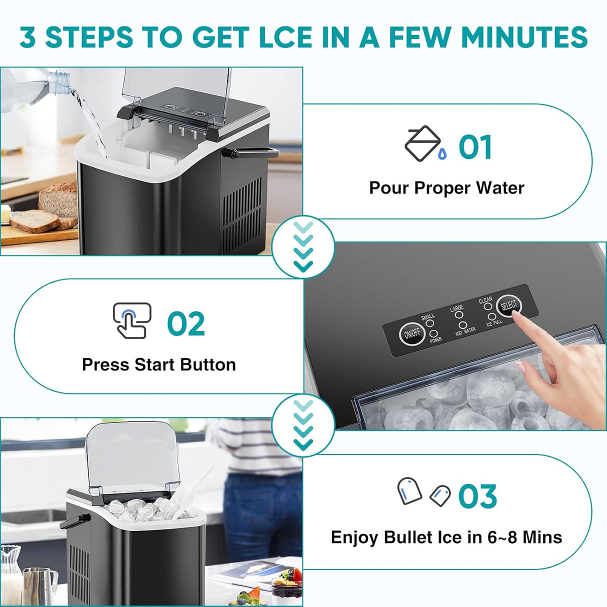 Máquina de Hielo Portátil, 9 Cubos en 6 Min, 26.5lbs/24Hrs