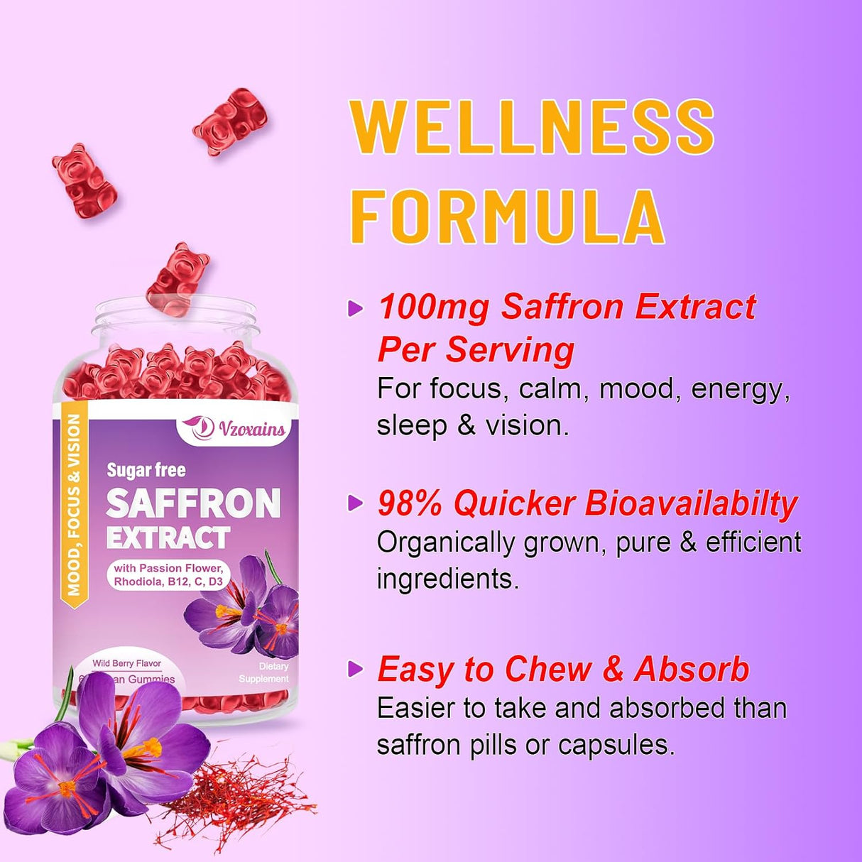 Suplemento Gomitas de extracto de azafrán  sin azúcar 100 mg