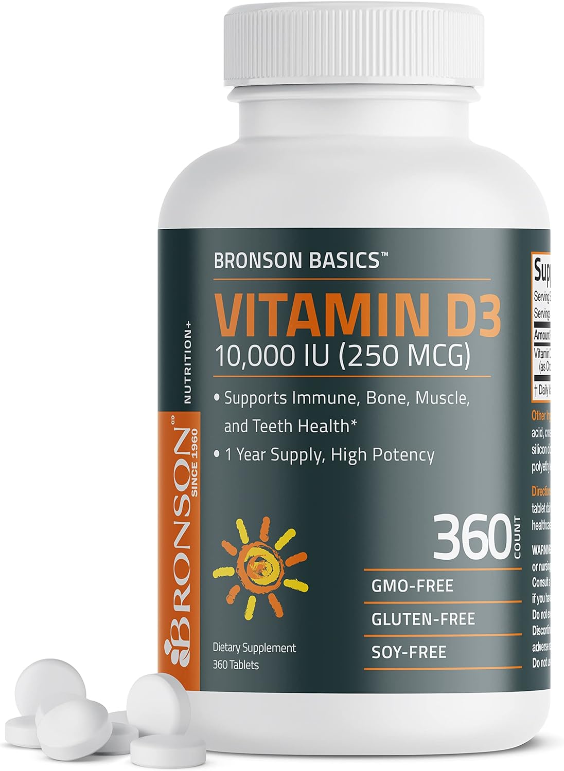 Suplemento de Vitamina D3 10,000 IU Bronson 360 Tabletas Non-GMO