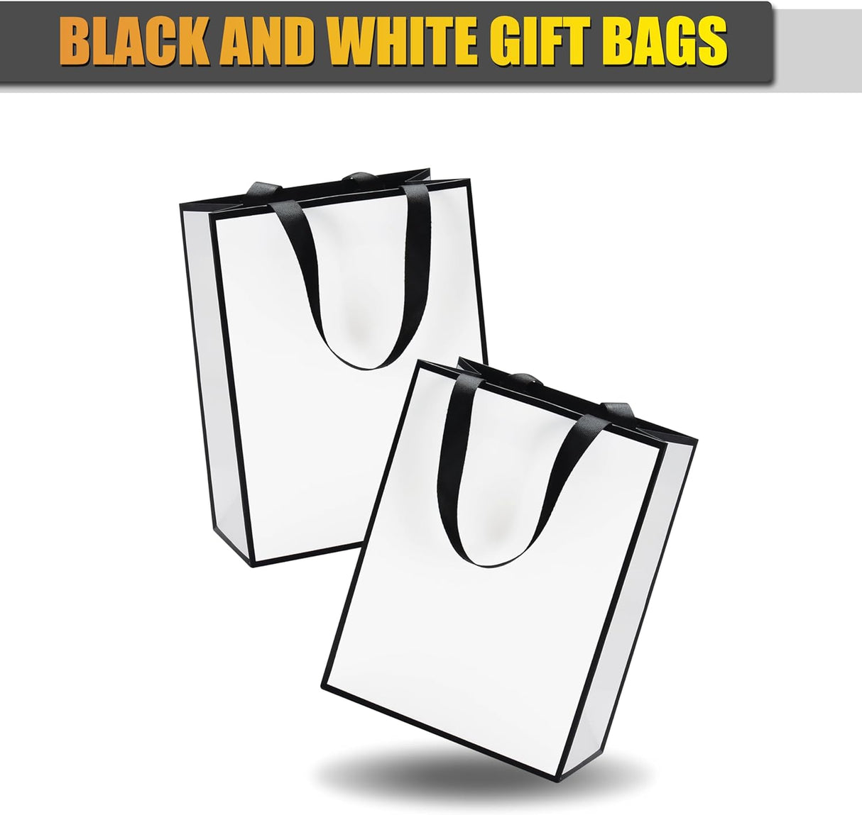 YUEYANG Bolsas de regalo medianas en blanco y negro, paquete de 10 bolsas de regalo de 8 x 4.25 x 10.5 pulgadas con asas de cinta para bodas, cumpleaños, vacaciones, venta al por menor, tienda,