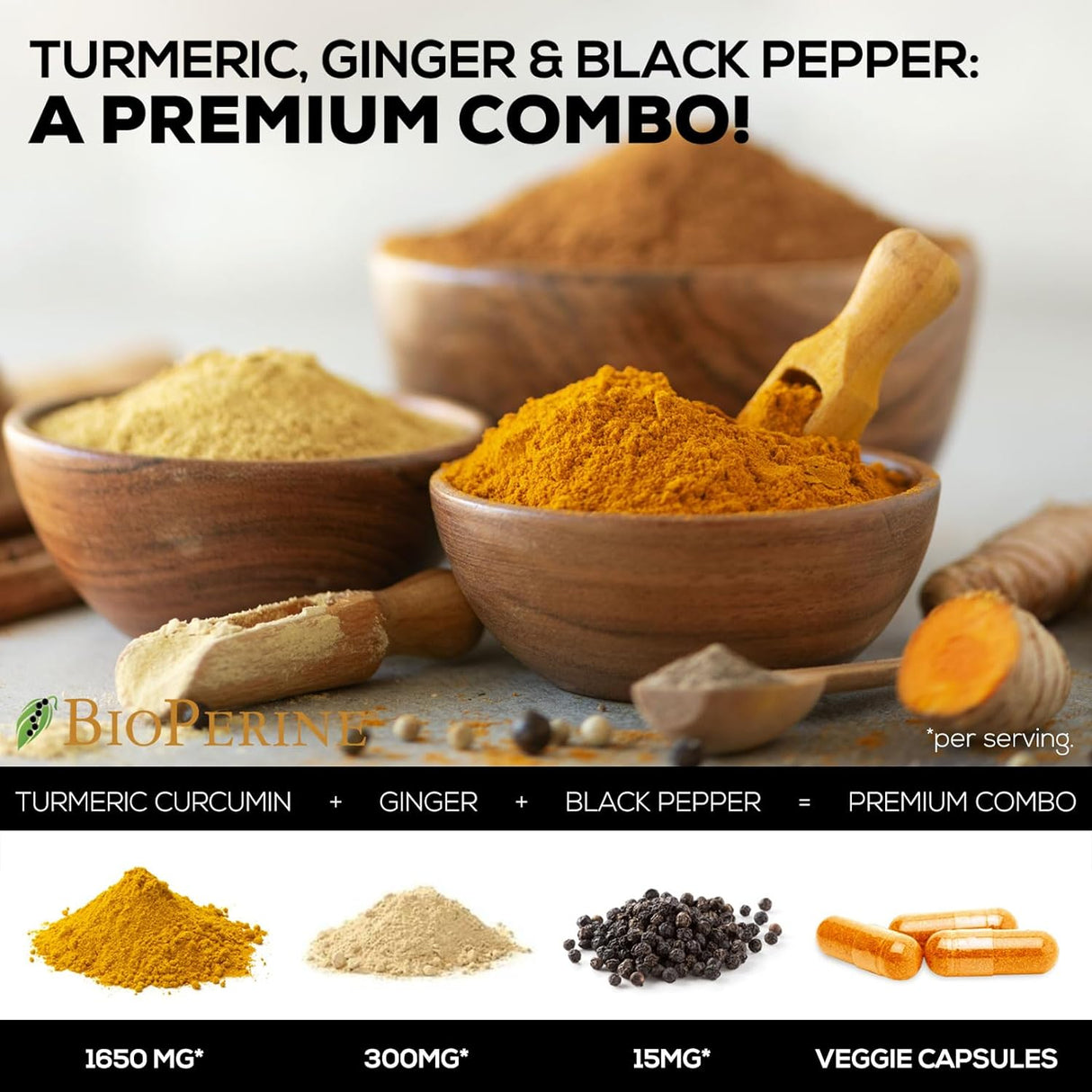 Suplemento Cúrcuma con BioPerine &amp; Jengibre 1950mg