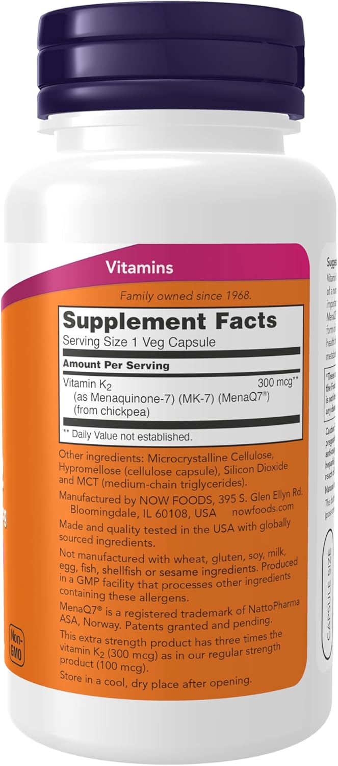 Suplementos MK-7 K-2 300 mcg, NOW Foods, 120 Veg Caps