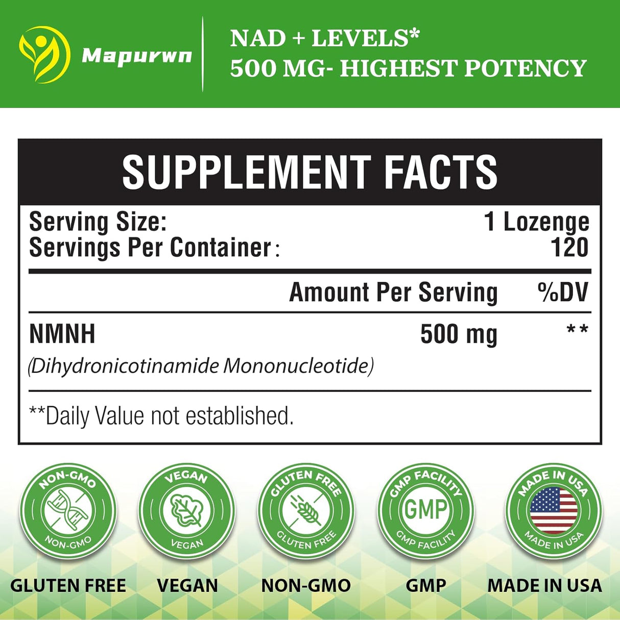 Suplemento NMNH 500mg de NMN, Antienvejecimiento, 120 cápsulas