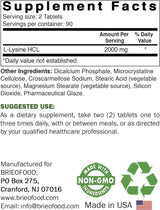 Suplemento Brieofood L-Lisina 2000 mg por porción 180 tab