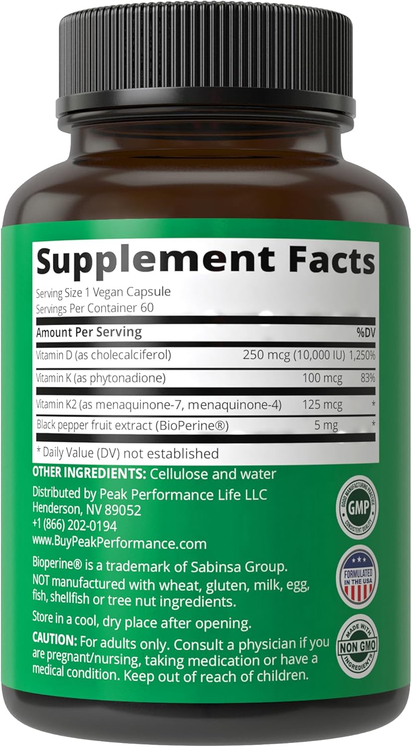 Suplemento de Vitamina D y K Peak Performance 10,000 IU 60 cápsulas