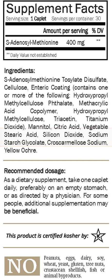 Suplemento Natures Trove SAM-e 400 mg 30 cáp  Vegano, Kosher