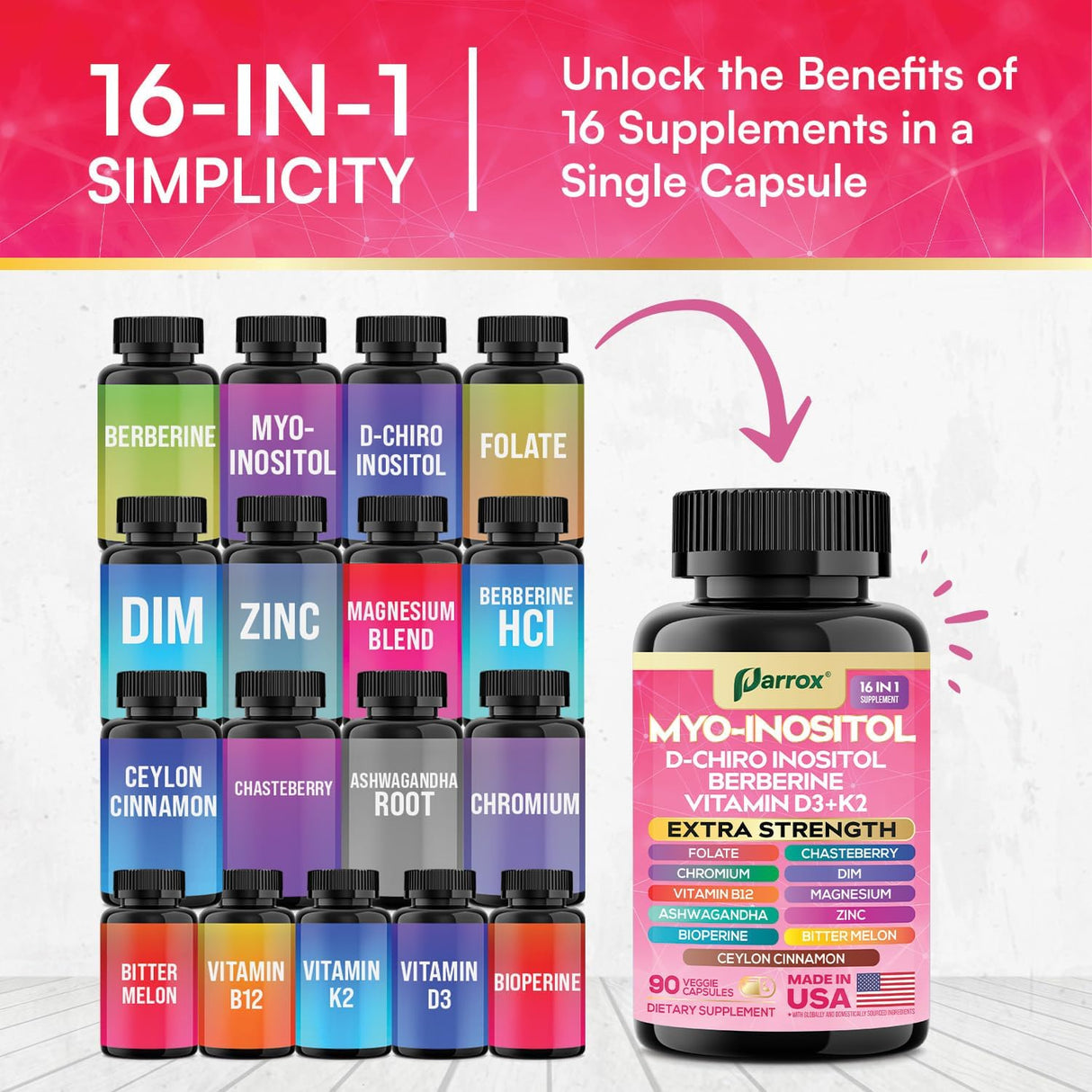 Suplemento de Inositol y vitaminas, 90 cápsulas veganas