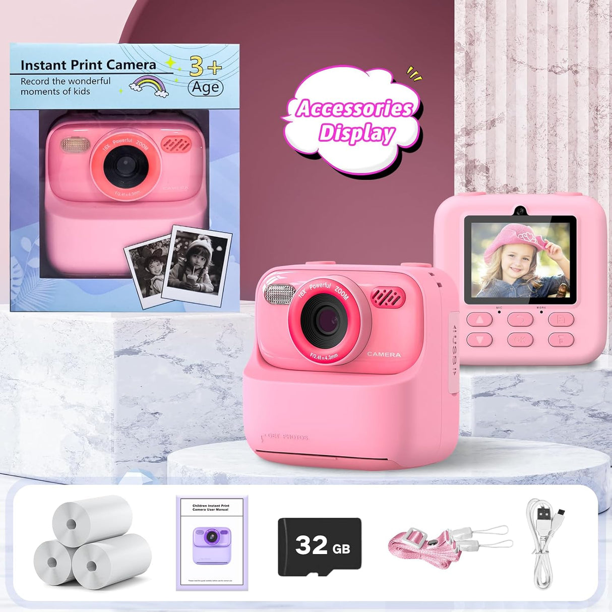 Cámara Instantánea Kids 1080P HD con Doble Lente y Papel