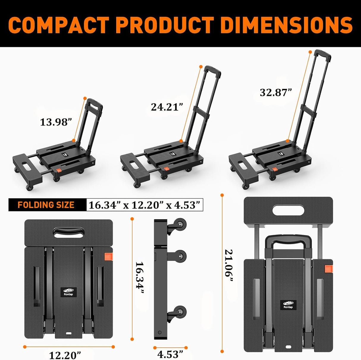 Carretilla Plegable Ronlap, Capacidad 500lbs, 6 Ruedas, Modelo
