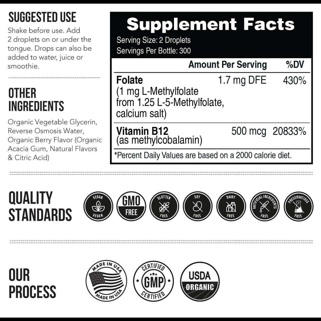 Folato de metilo orgánico 1000 mcg + B12, forma líquida sublingual
