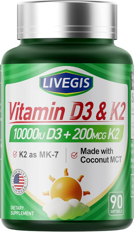 Suplemento Vitamina D3 K2 10000 IU + K2 200 mcg 90 cápsulas