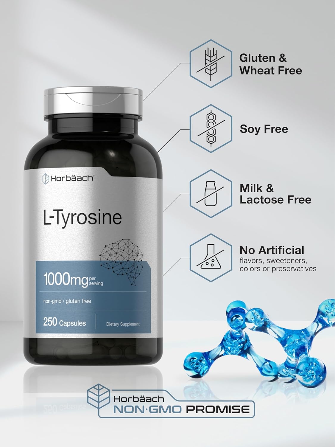 Suplemento L-Tirosina Horbaach | 1000mg | 250 Cápsulas